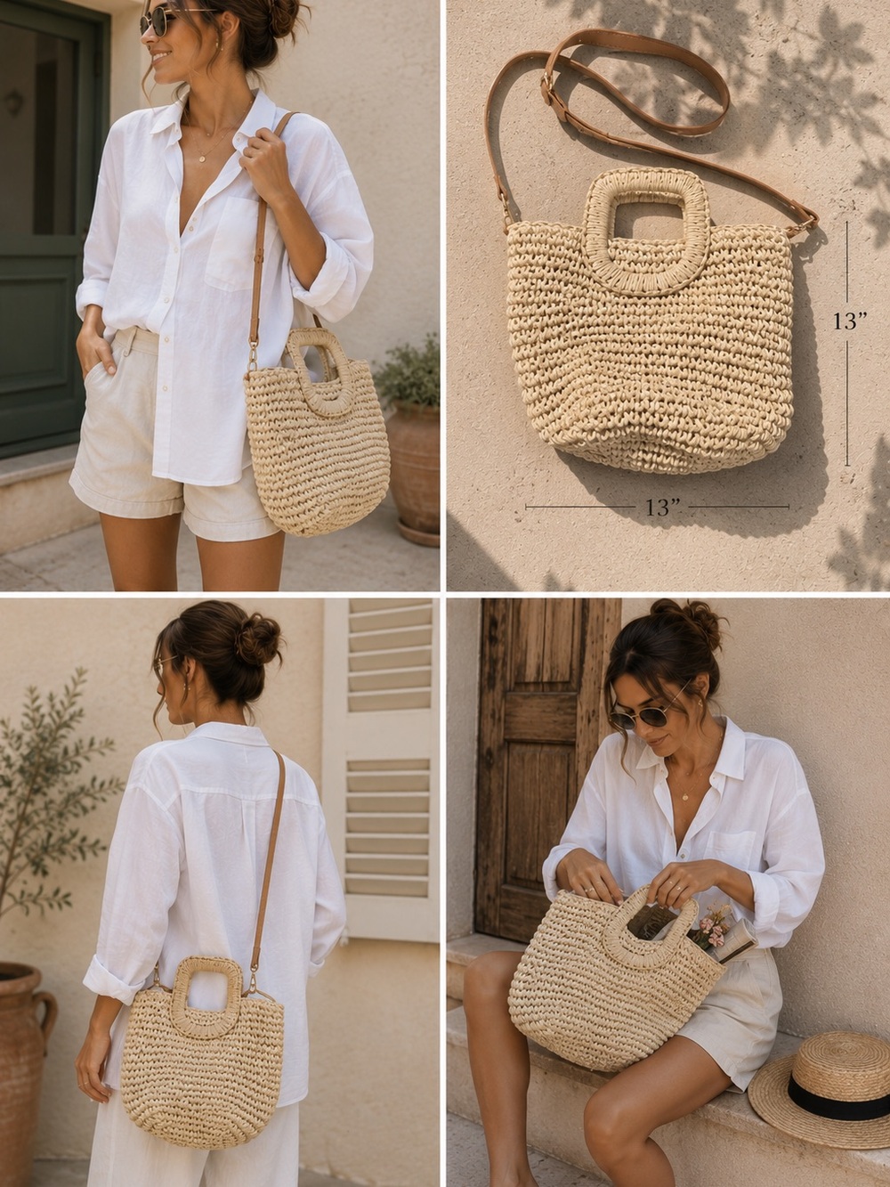 Woven Straw Shoulder Bag with Leather Strap - Natural